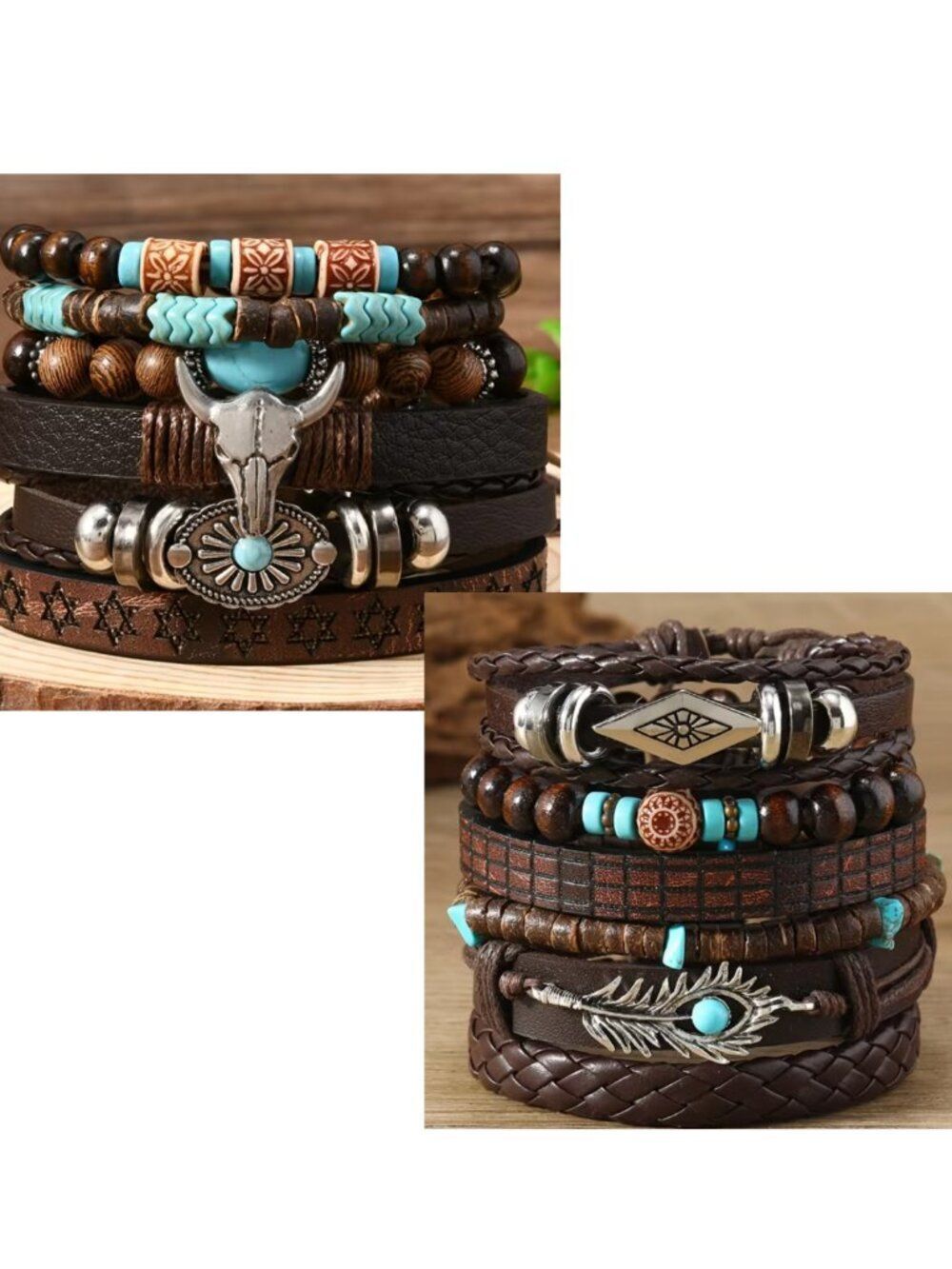 NWT 6pc Boho Leather Bracelet Stack Western Cow Skull Feather Silver Beaded